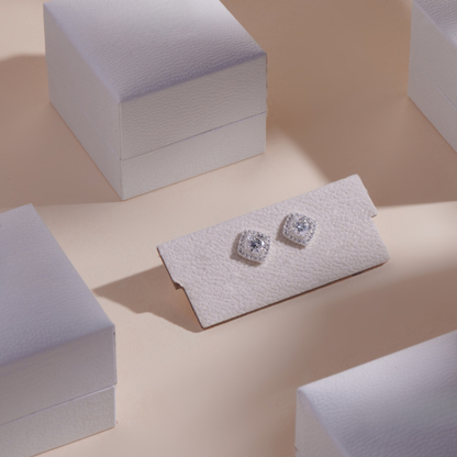 ELOREVA Square Moissanite Stud Earrings 6mm – Platinum Plated 925 Sterling Silver (GRA Certified)