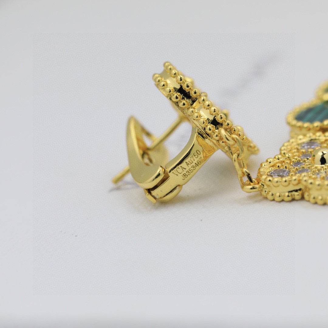18K Celestial Magic Alhambra Three Malachite Motifs Clover Earrings